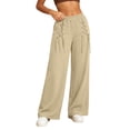 thumbnail image 1 of Women's Lace Up Criss Cross Detail Casual Sweatpants Elastic Drawstring Waist Wide Leg Jogger Pants with Pocket Fall Fashion Y2K Outfit Beige, 1 of 7