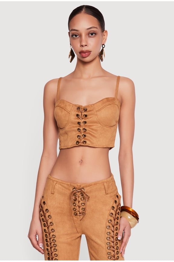 Women's Lace Up Detail Faux Suede Bustier Top
