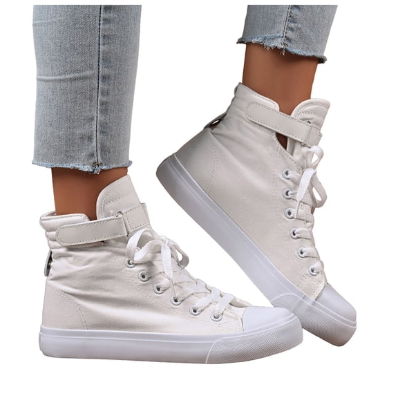 Women's Lace Up Flat Canvas Shoes Lightweight High Top Skate Shoes Non Slip Walking Tennis Shoes with Buckle Strap White Size 7