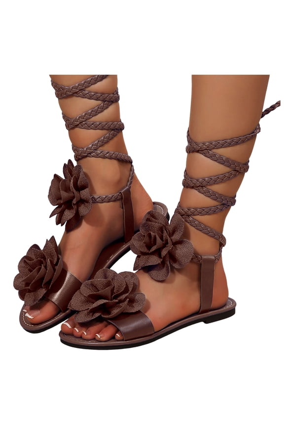 Women's Lace Up Flat Sandals Flower Rome Ruffle Strappy Sandal Casual Woven Ankle Strap Slip On Dress Shoes Brown Size 7.5