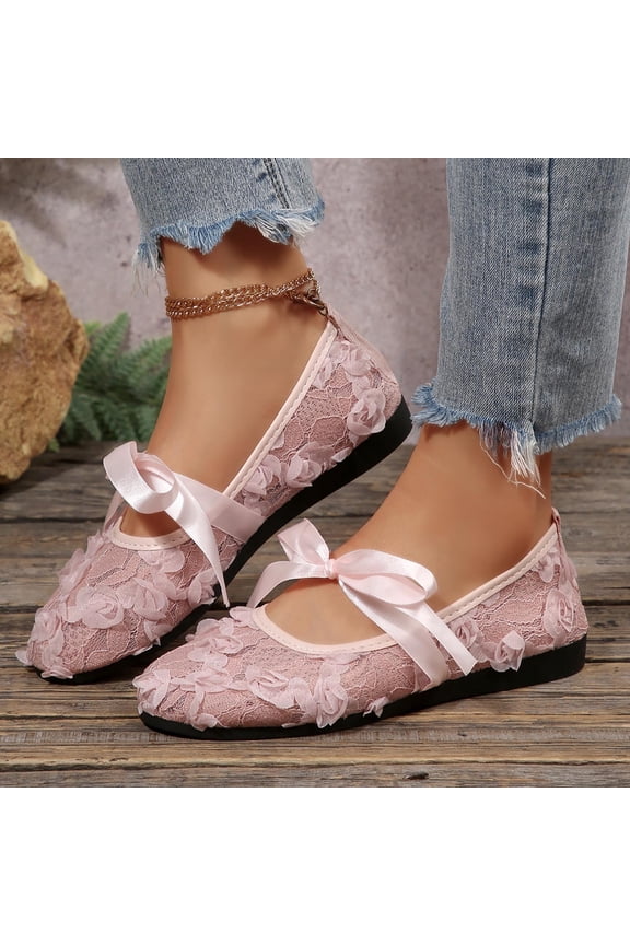 Women's Lace Up Flats, Soft Sole Ballet Shoes, Elegant Pointed Toe Bow Detail Casual Lace Flats for Women for Daily Wear, Office, Outdoor