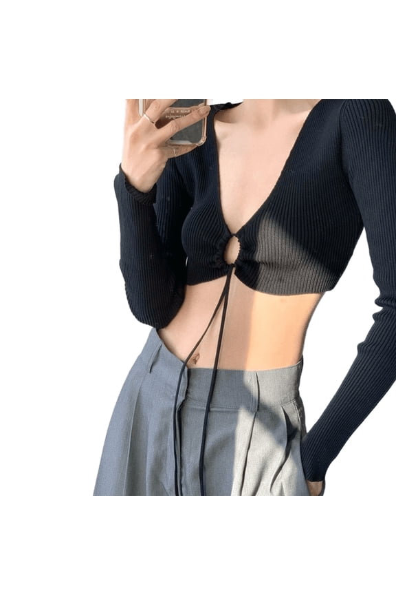 Women's Lace Up Front Long Sleeve Crop Top Long Sleeve Open Front Cardigan Cropped Tees Front Tie Up T-Shirt Top Gifts