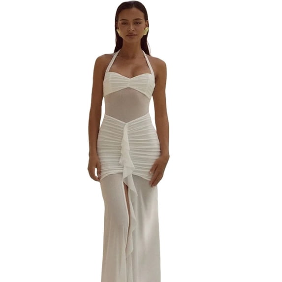 Women's Lace-Up Halter Chest Wrapped Sleeveless Ruffled Dress, Pleated, Backless, Gauze Spliced, Solid Color, Sexy