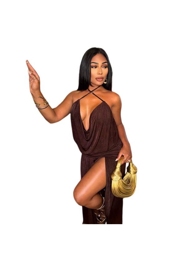 Women's Lace-Up Halter Deep V-Neck Chest Wrapped Sleeveless Backless Pleated Split Asymmetrical Long Dress, Solid Color