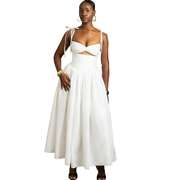 Women's Lace-Up Halter Hollow Out Chest Wrapped Off Shoulder Sleeveless Dress, Backless, Solid Color, Sexy
