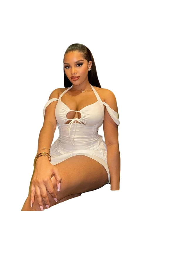 Women's Lace-Up Halter Hollow-Out Chest Wrapped Short Sleeve Backless Pleated Mini Dress, Solid Color, Sexy