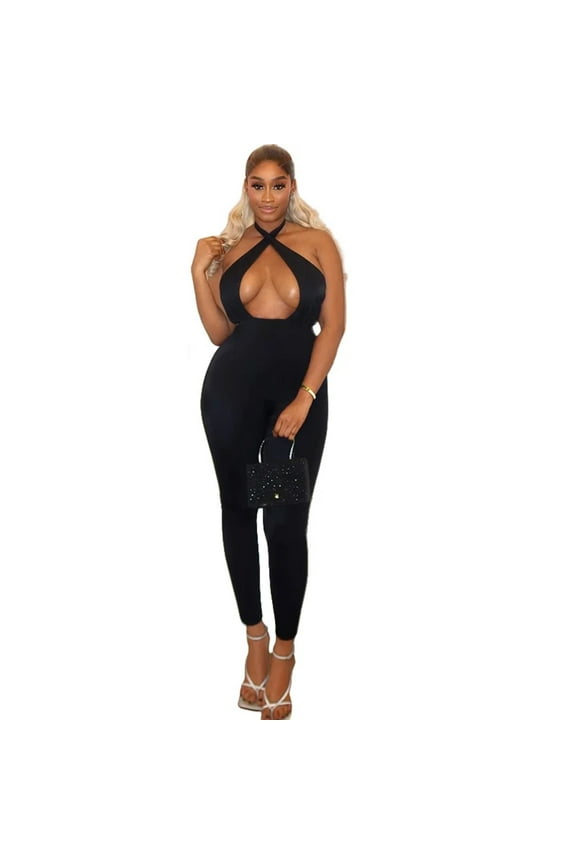 Women’s Lace-Up Halterneck Sleeveless Jumpsuits, Backless, Solid Color, Sexy