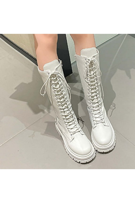 Women's Lace-Up Knee High Boots Fashion Platform Lug Sole Tall Riding Boots Comfortable Stretch Calf Dress Long Boots