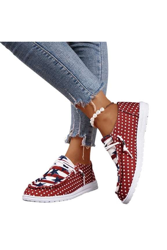 Women's Lace Up Loafers canvas shoes for women 4th of July Flag Print Fashion Sneaker Flat Casual Canvas Shoes (Red,37)