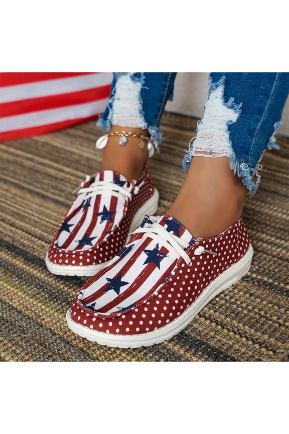 Women's Lace Up Loafers canvas shoes for women 4th of July Flag Print Fashion Sneaker Flat Casual Canvas Shoes,Red Size 38
