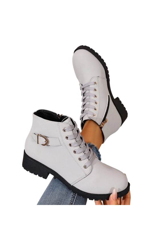 Women's Lace Up Low Chunky Heel Ankle Booties Round Toe Short Bootie Women's Casual Solid Color Side Zipper Ankle Boots Classic Shoes