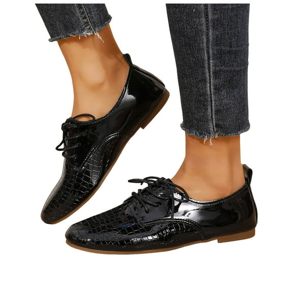 Women's Lace Up Oxford Dress Shoes Solid Color Patent Leather Slip On Loafers Comfortable Non Slip Walking Shoes Black Size 8