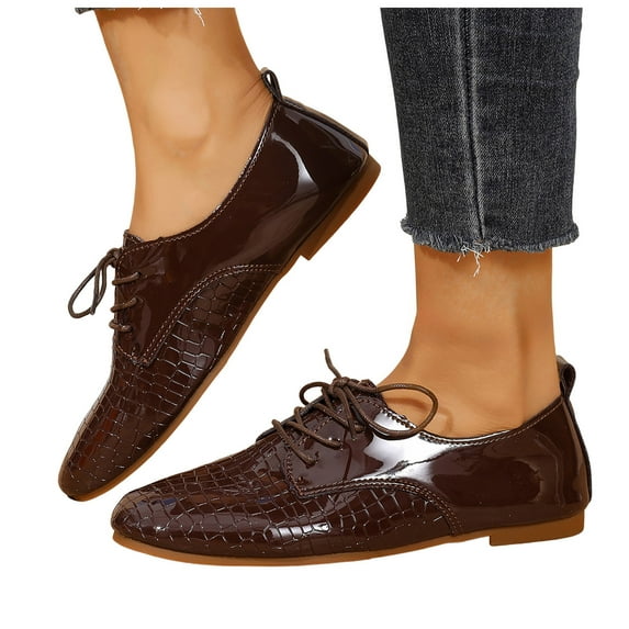 Women's Lace Up Oxford Dress Shoes Solid Color Patent Leather Slip On Loafers Comfortable Non Slip Walking Shoes Brown Size 7