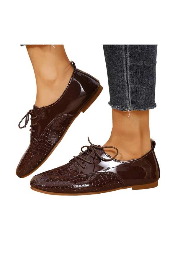 Women's Lace Up Oxford Dress Shoes Solid Color Patent Leather Slip On Loafers Comfortable Non Slip Walking Shoes Brown Size 9