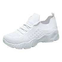 Women's Lace Up Platform Knit Running Shoes Breathable Non Slip Walking Tennis Shoes Lightweight Slip On Sneakers White Size 6.5