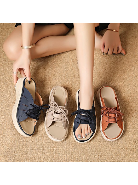 Women's Lace-Up Platform Wedge Mules, Peep Toe Wedge Heel Sandals, Plus Size Comfortable Wedge Heel Shoes for Spring Summer Wear