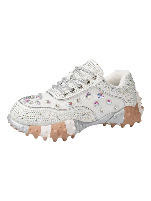 Women's Lace Up Rhinestone Sneakers Glitter Platform Slip On Casual Dressy Shoes Breathable Running Shoes Silver Size 7.5