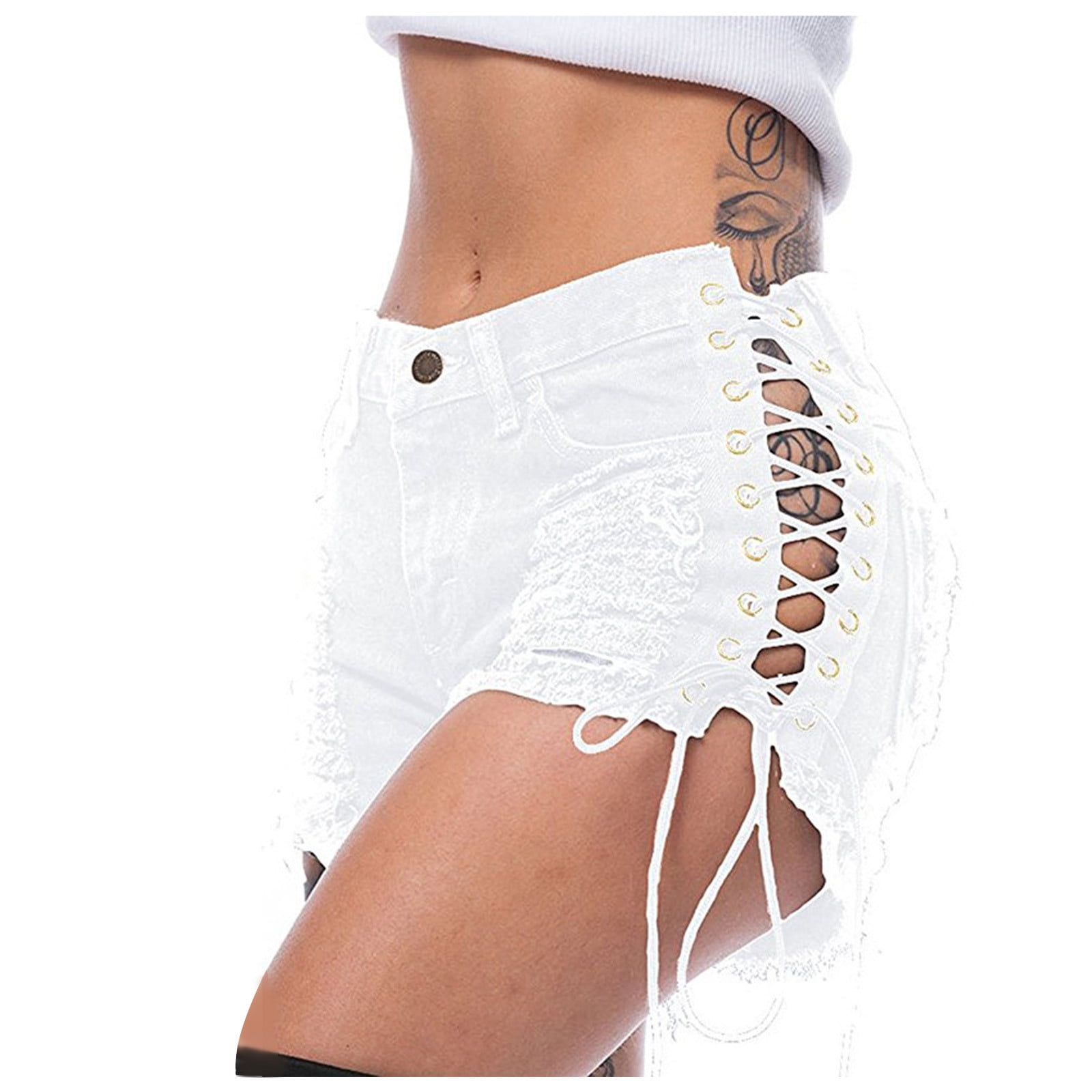 Women's Lace Up Ripped Hole Denim Shorts Mid Rise Side Women's Lace Up Ripped Hole Denim Shorts Mid Rise Side