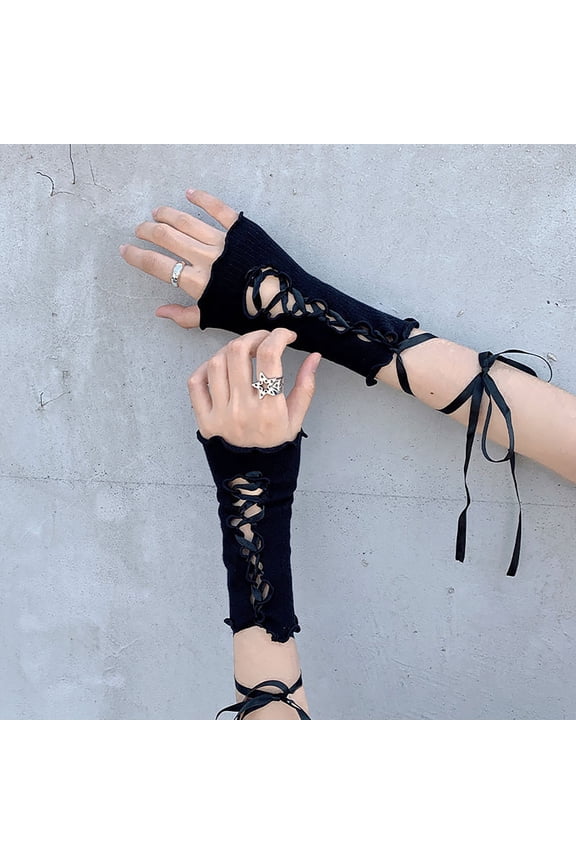 Women's Lace-Up Ruffle Cuff Wristbands with Gloves, Lolita Style Detachable Hand Sleeves for JK Fashion, Adjustable Bow Tie Wrist Accessories for Cosplay, Matching Set for Anime Themed Outfits
