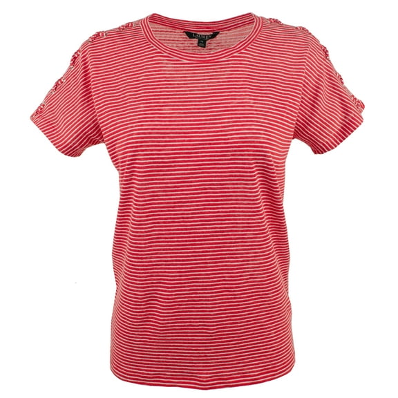 Women's Lace-Up Shoulder Striped Linen Blend Top-RM-XL
