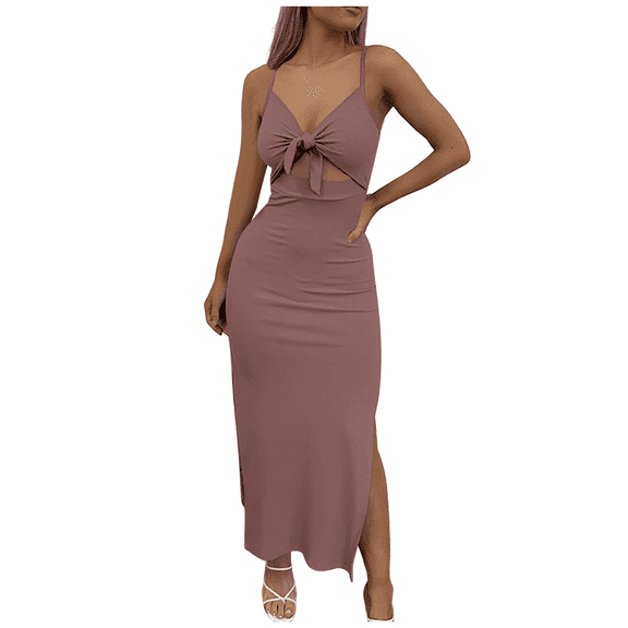 Women's Lace-Up Side Slit Maxi Dress - Sleeveless Knit, Bodycon, Summer/Wedding - Elegant (XS-XL)