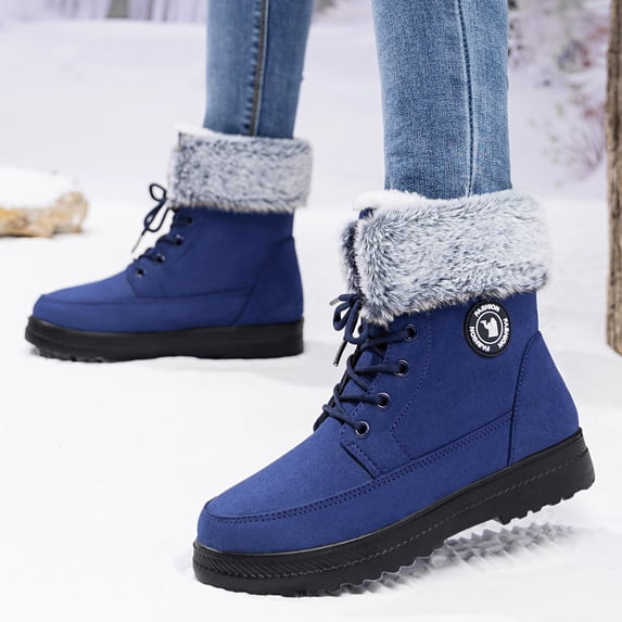 Women's Lace-Up Snow Boots Comfortable Round Toe Warm Winter Boots for Outdoor Walking Fur Lined Ankle Booties