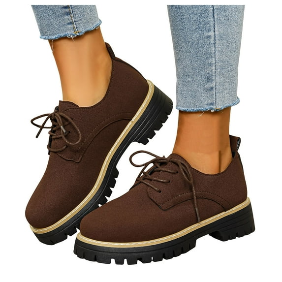 Women's Lace Up Suede Casual Shoes Comfortable Slip On Ankle Boots Thick Sole Platform Non Slip Short Combat Boots Brown Size 8