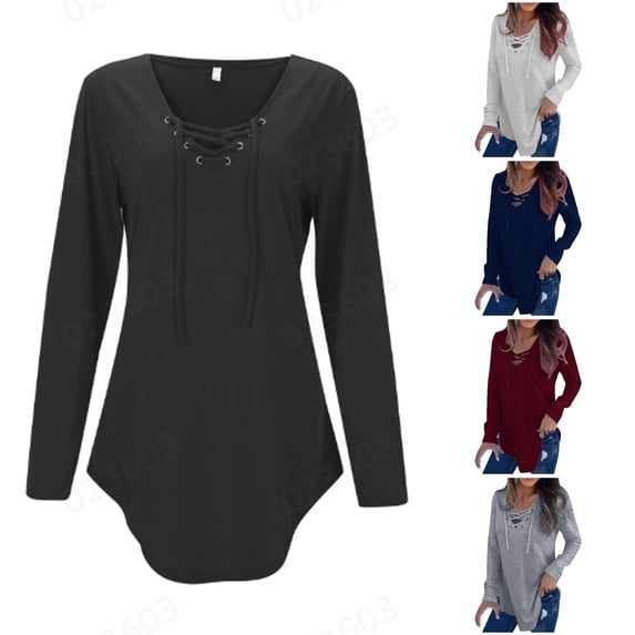 Women's Lace Up V Neck Long Sleeved Tops Tunics Basic Shirts Bandage Pullover T Shirts Womens Raglan Top XL