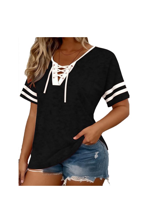Women's Lace Up V-Neck T-Shirts Short Sleeve Casual Blouses Summer Football Baseball Weekend Events Game Day Tee Tops 2026