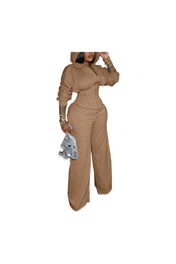 Women’s Lace-Up Waist Two-Piece Set with Boning Support Trendy Casual Outfit Slimming Fit Top & Pants Matching Set Fashion Streetwear Chic Daily Wear