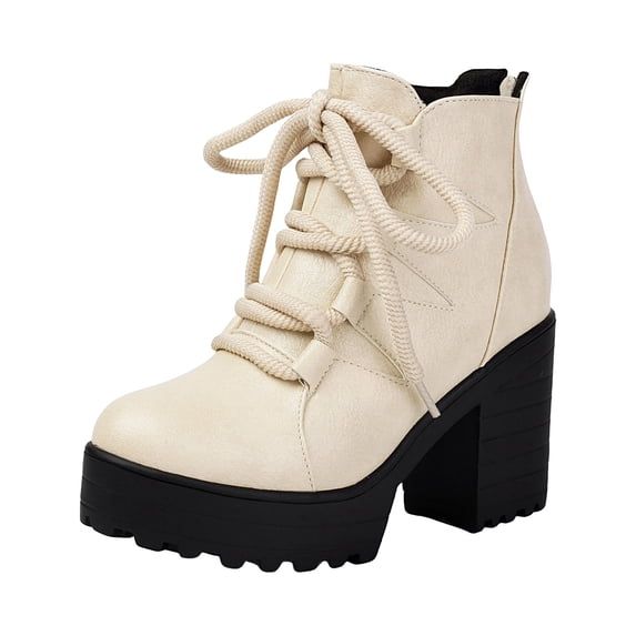 Women's Lace Up Winter Fall Platform Ankle Boots Wide Toe Box Chunky High Heel Mid Calf Gothic Combat Booties Beige Size 6.5