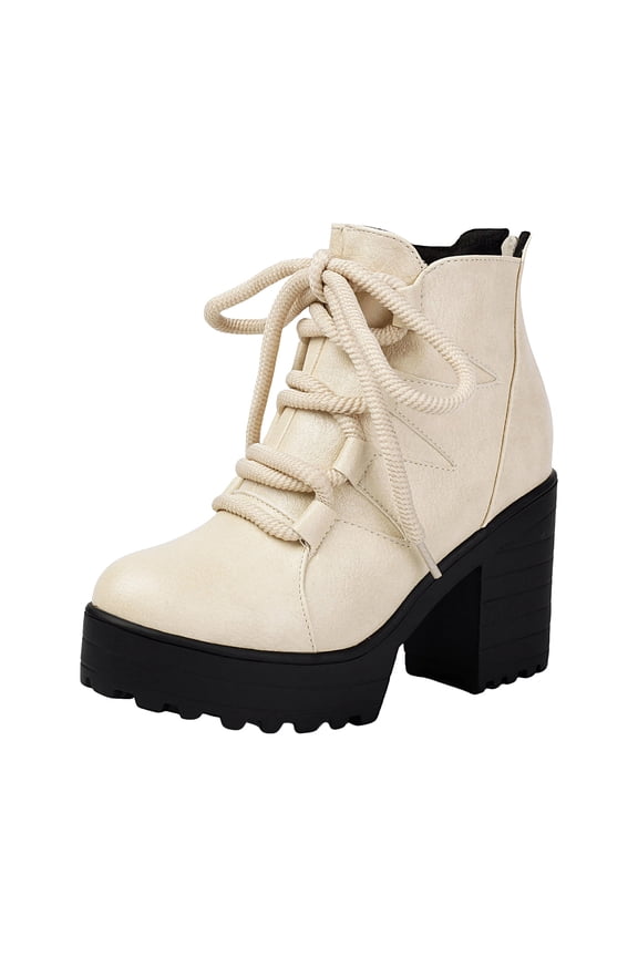 Women's Lace Up Winter Fall Platform Ankle Boots Wide Toe Box Chunky High Heel Mid Calf Gothic Combat Booties Beige Size 9