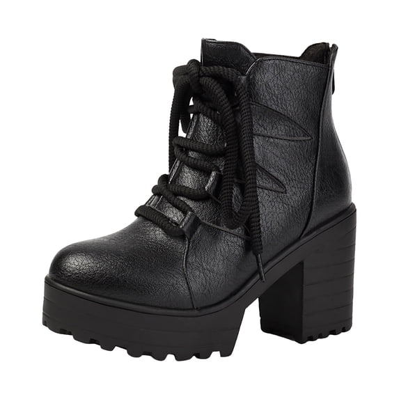 Women's Lace Up Winter Fall Platform Ankle Boots Wide Toe Box Chunky High Heel Mid Calf Gothic Combat Booties Black Size 9.5