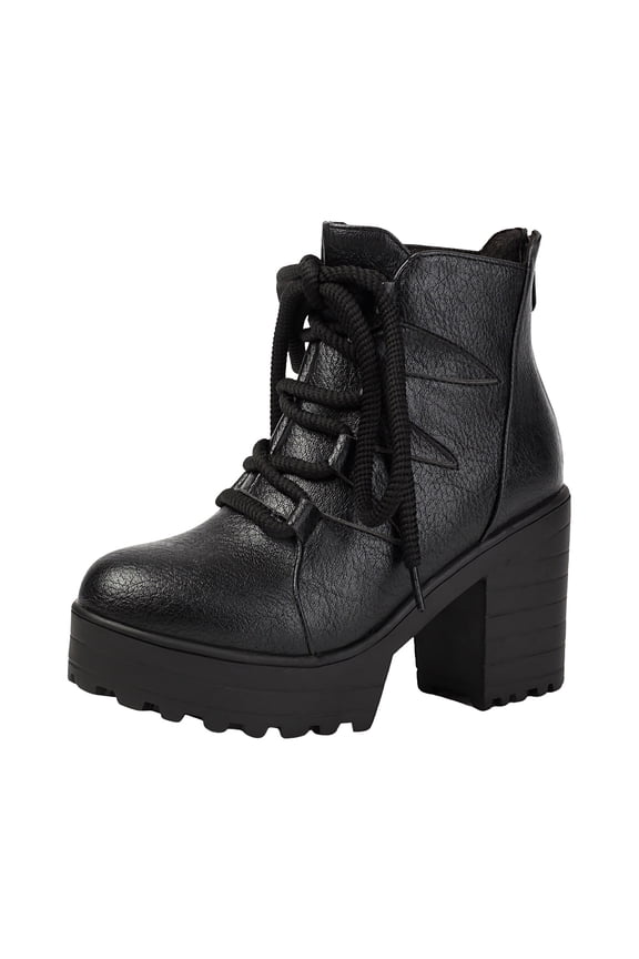 Women's Lace Up Winter Fall Platform Ankle Boots Wide Toe Box Chunky High Heel Mid Calf Gothic Combat Booties Black Size 9.5