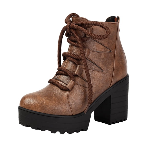 Women's Lace Up Winter Fall Platform Ankle Boots Wide Toe Box Chunky High Heel Mid Calf Gothic Combat Booties Brown Size 5.5