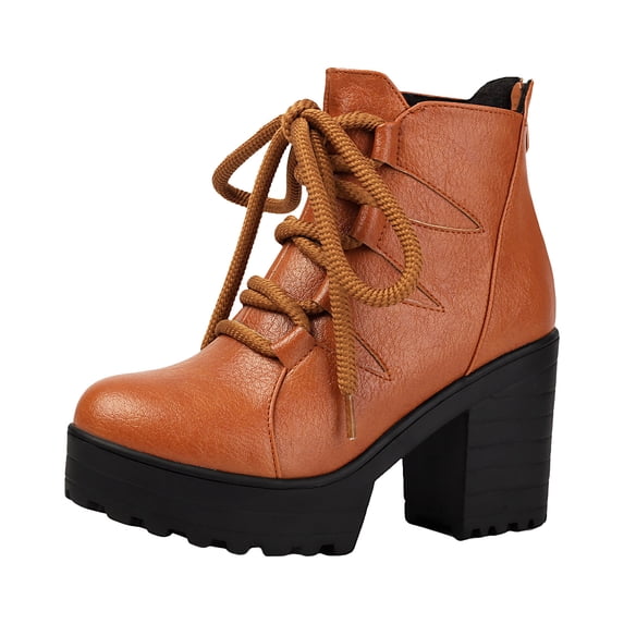 Women's Lace Up Winter Fall Platform Ankle Boots Wide Toe Box Chunky High Heel Mid Calf Gothic Combat Booties Yellow Size 6
