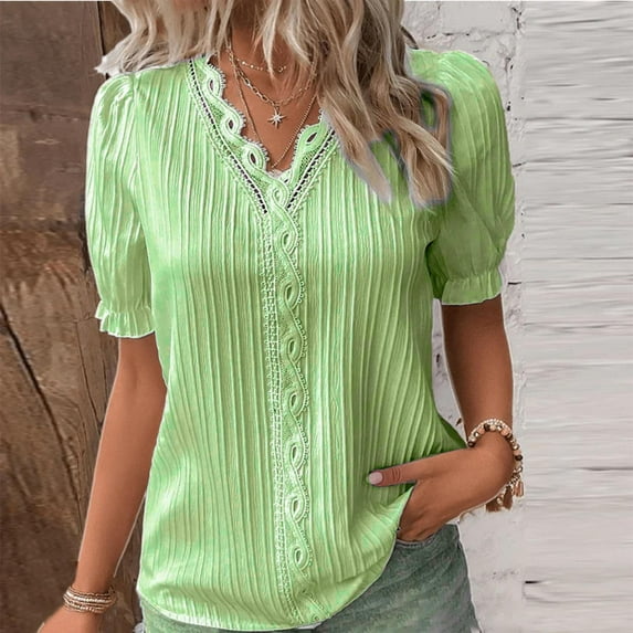 Women's Lace V Neck Blouse, Solid Color Short Sleeve Elegant Summer Top, Plain Lace Trim Casual Shirt for Date Night, Work, Daily Wear and Relaxed Outfits Green XL