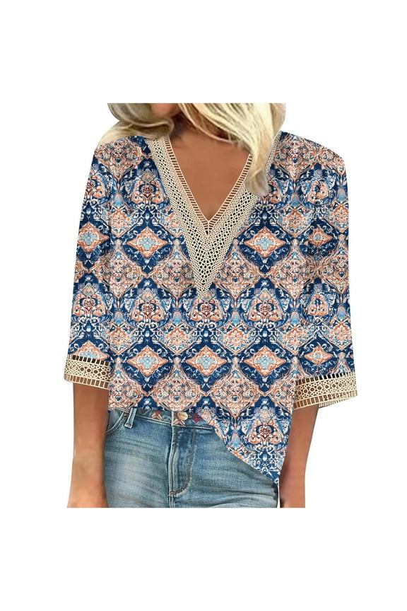Women's Lace V Neck Blouses 3/4 Length Sleeve Womens Tops Summer Fashion T-Shirts Tribe Ethnic Styles Graphic Tees Dressy Casual Tunic Top Loose Comfy Business Blouse Beach Vacation Outfits