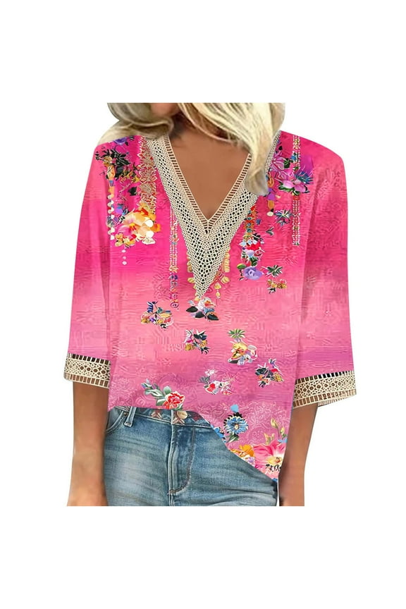 Women's Lace V Neck Blouses 3/4 Length Sleeve Womens Tops Summer Fashion T-Shirts Tribe Ethnic Styles Graphic Tees Dressy Casual Tunic Top Loose Comfy Business Blouse Beach Vacation Outfits