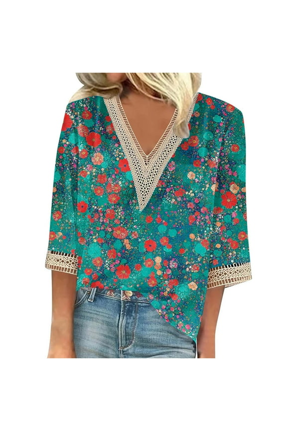 Women's Lace V Neck Blouses 3/4 Length Sleeve Womens Tops Summer Fashion T-Shirts Tribe Ethnic Styles Graphic Tees Dressy Casual Tunic Top Loose Comfy Business Blouse Beach Vacation Outfits