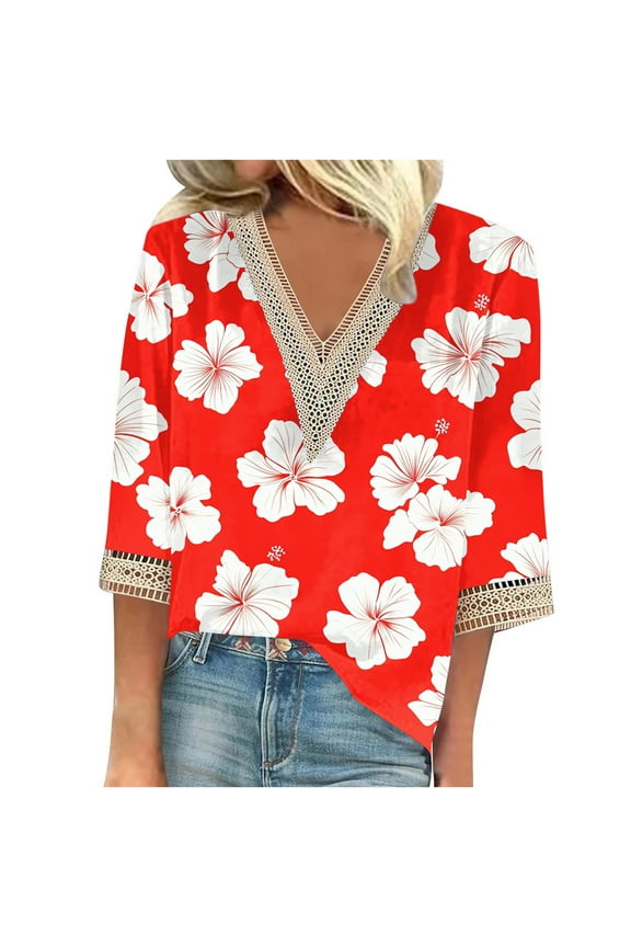 Women's Lace V Neck Blouses 3/4 Length Sleeve Womens Tops Summer Fashion T-Shirts Tribe Ethnic Styles Graphic Tees Dressy Casual Tunic Top Loose Comfy Business Blouse Beach Vacation Outfits