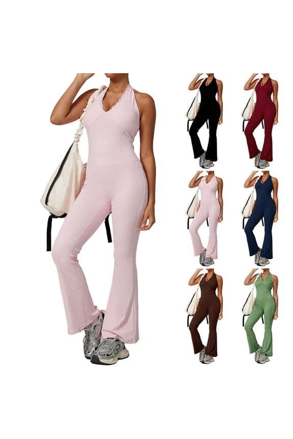Women's Lace V-Neck Bodysuit with Flared Pants, Backless Yoga Suit, Tight-Fitting Jumpsuit for Dance, Performance, or Athletic Wear, Long Pants | CSEONE,Black M