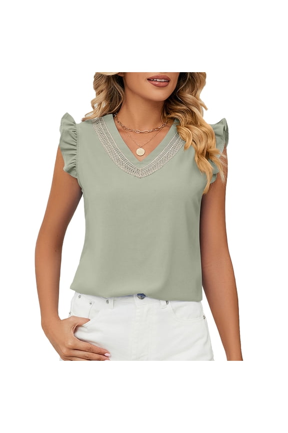 Women's Lace V Neck Chiffon Blouse Ruffle Short Sleeve Summer Shirt Tops for Work Dating Shopping Weekends Home Pea Green XXL
