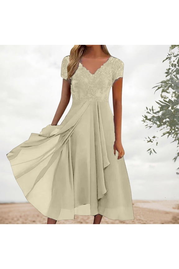 Women's Lace V-Neck Chiffon Midi Dress, Elegant Short Sleeve Formal Evening Gown, Flowy A-Line Wedding Guest Party Attire, 7 Colors, Sizes S-3XL