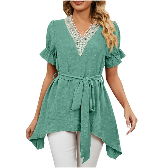Women's Lace V Neck Flowy Tops with Belt Ruffle Short Sleeve Floral Pompom Solid Color Summer Peplum Top Blouse