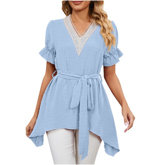 Women's Lace V Neck Flowy Tops with Belt Ruffle Short Sleeve Floral Pompom Solid Color Summer Peplum Top Blouse