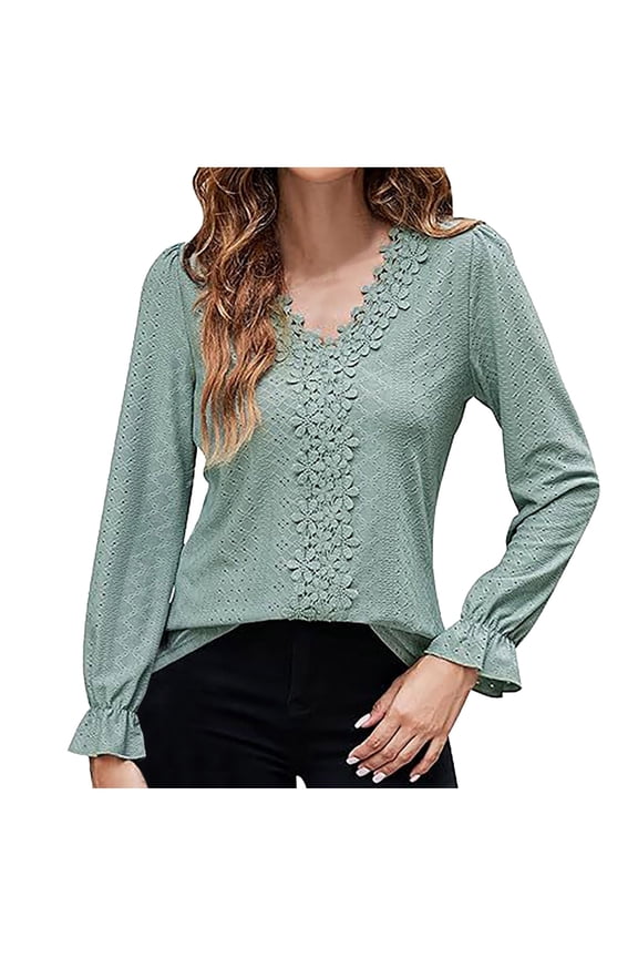 Women's Lace V Neck Knitted Jacquard Flounce Long Sleeve Blouses