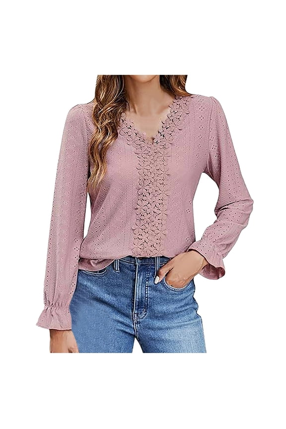 Women's Lace V Neck Knitted Jacquard Flounce Long Sleeve Blouses