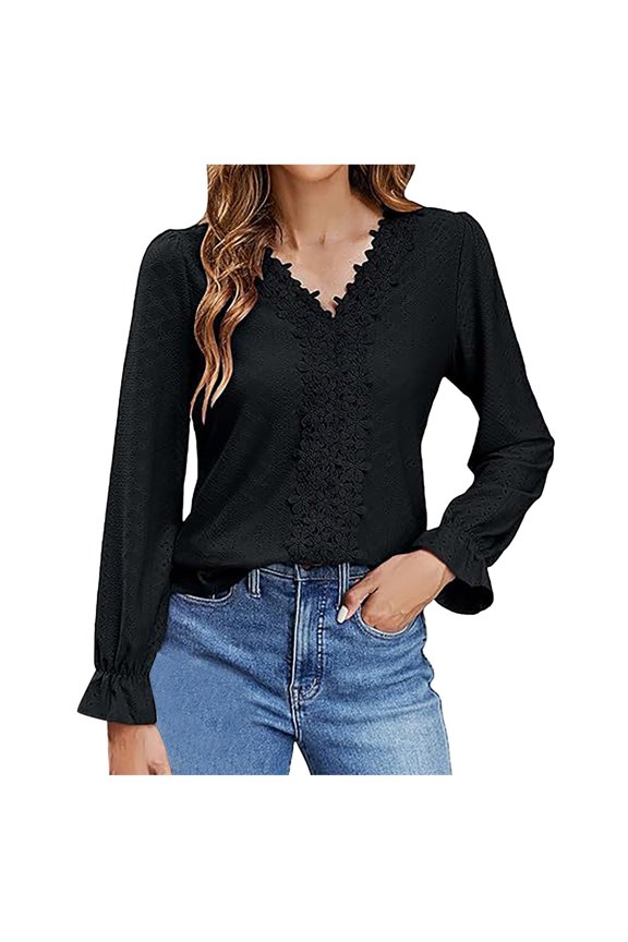 Women's Lace V Neck Knitted Jacquard Flounce Long Sleeve Blouses