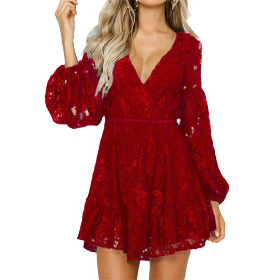 Women's Lace V-Neck Long Sleeve Mini Dress with Buttoned Tied Details Lined for Comfort 95% Polyester 5% Spandex